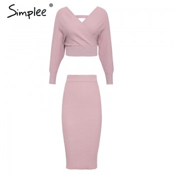Simplee Sexy v-neck women knitted skirt suits Autumn winter batwing sleeve 2 pieces Elegant party female sweater pink dress Blue